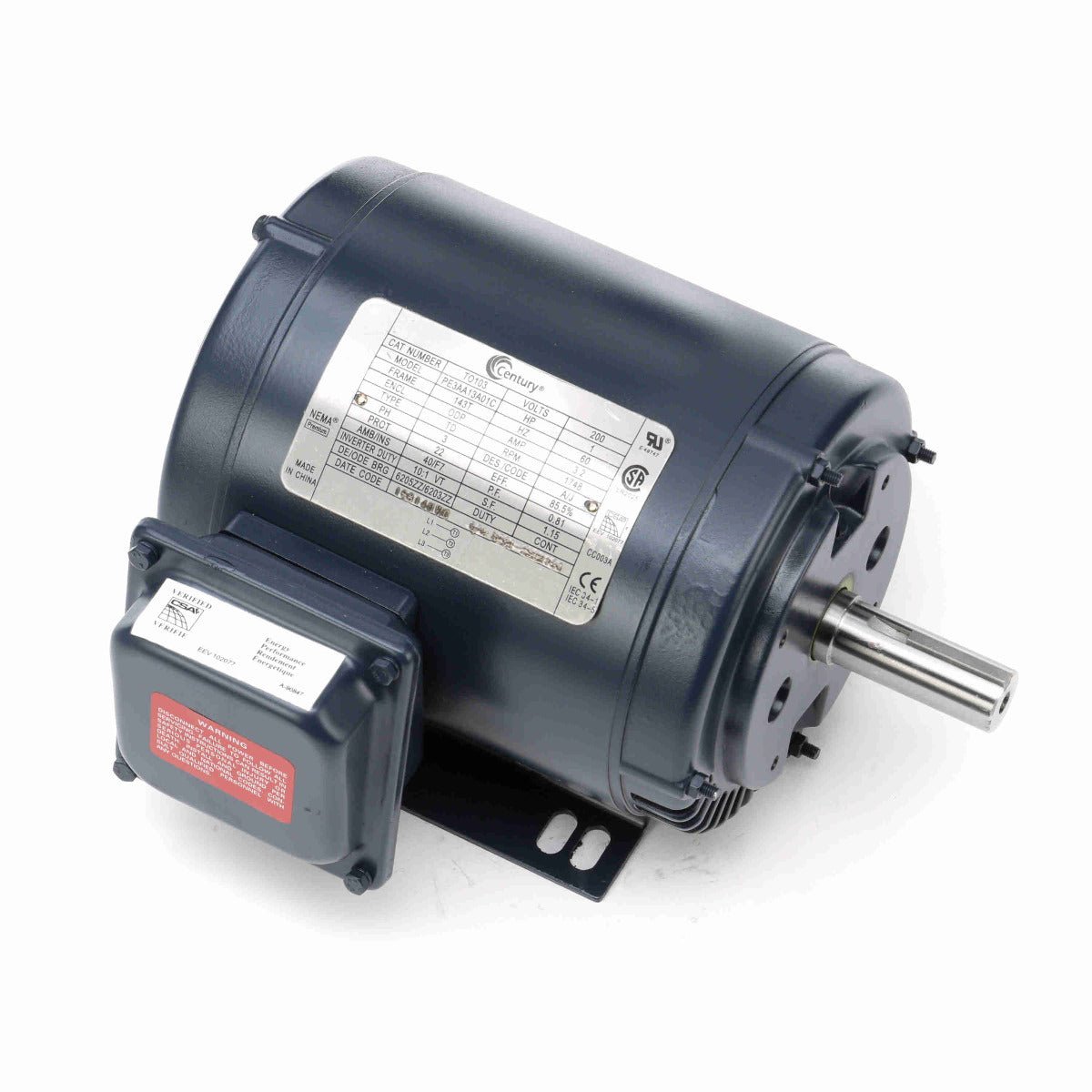 TO103 Century Motor 1HP 1748RPM 143T ODP 200 Volt 3 Phase - Square One Electric Motors & Pumps