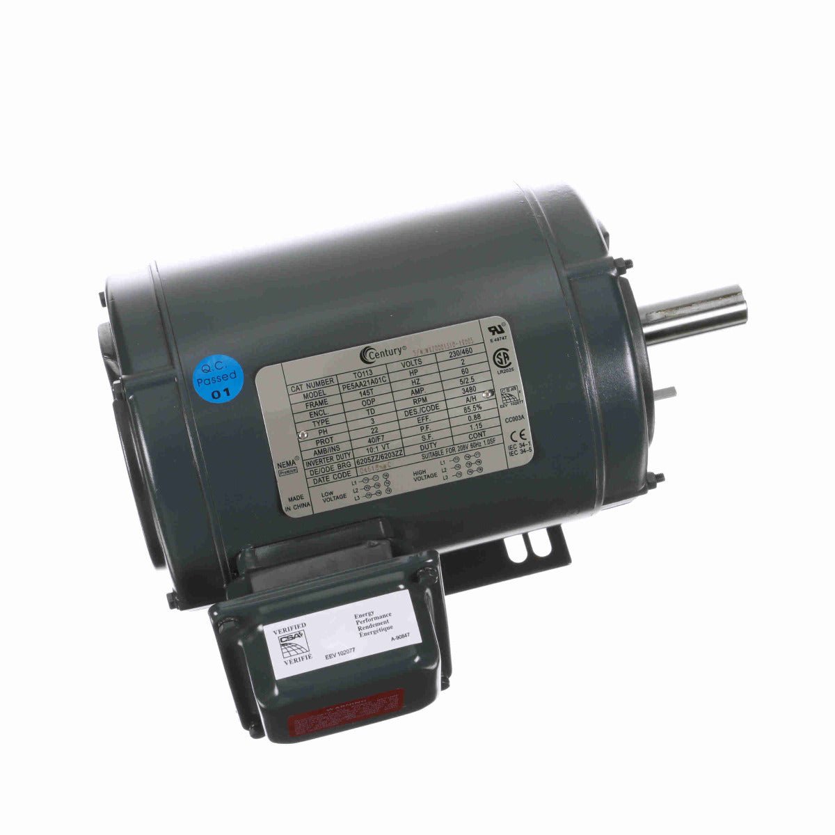 TO113 Century Motor 2HP 3480RPM 145T ODP 208 - 230/460 Volt 3 Phase - Square One Electric Motors & Pumps
