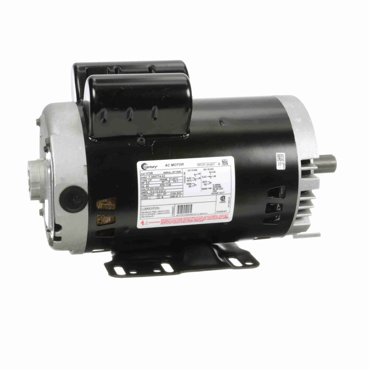 V106 Century Motor 2HP 1745RPM R145TC ODP 208 - 230/115 Volt 1 Phase - Square One Electric Motors & Pumps